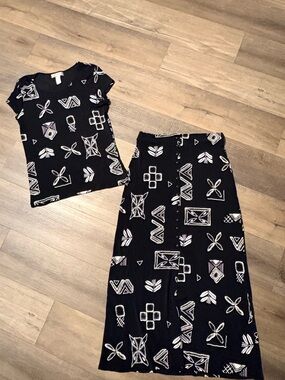 Vintage Dressbarn 2 Piece Set Geometric Tribal Afrocentric Print Top & Skirt